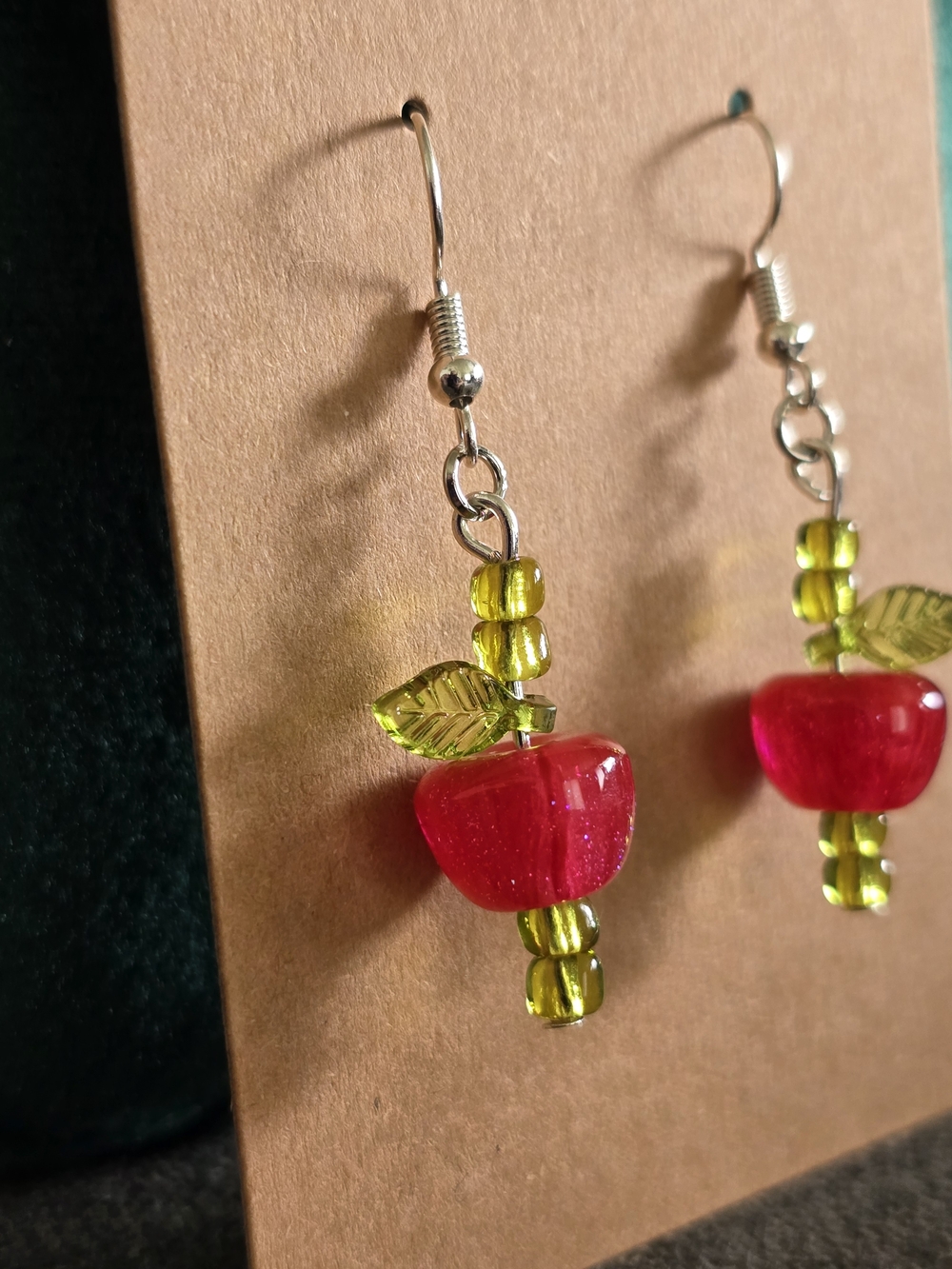 Glitter Apple Glass Dangle Earrings with Green Leaves Handmade 3 COLORS - Picture 3 of 12